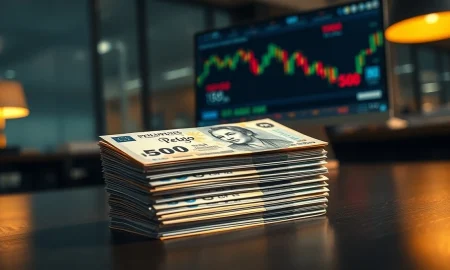 Stack of Philippine peso banknotes on a desk with a financial monitor in the background