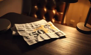 Crumpled British 50 pound note on a dark desk under a dim lamp, symbolizing currency weakness and political uncertainty.