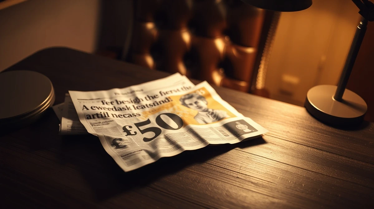 Crumpled British 50 pound note on a dark desk under a dim lamp, symbolizing currency weakness and political uncertainty.