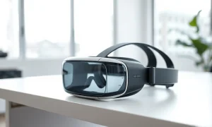 Qualcomm mixed reality headset prototype on a desk in a modern tech office