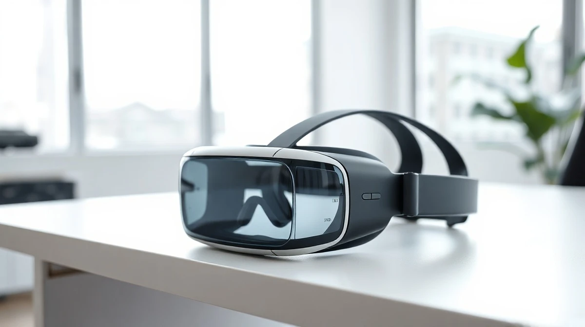 Qualcomm mixed reality headset prototype on a desk in a modern tech office