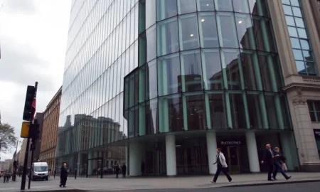 Exterior of Rathbones office building in London's financial district on a cloudy day