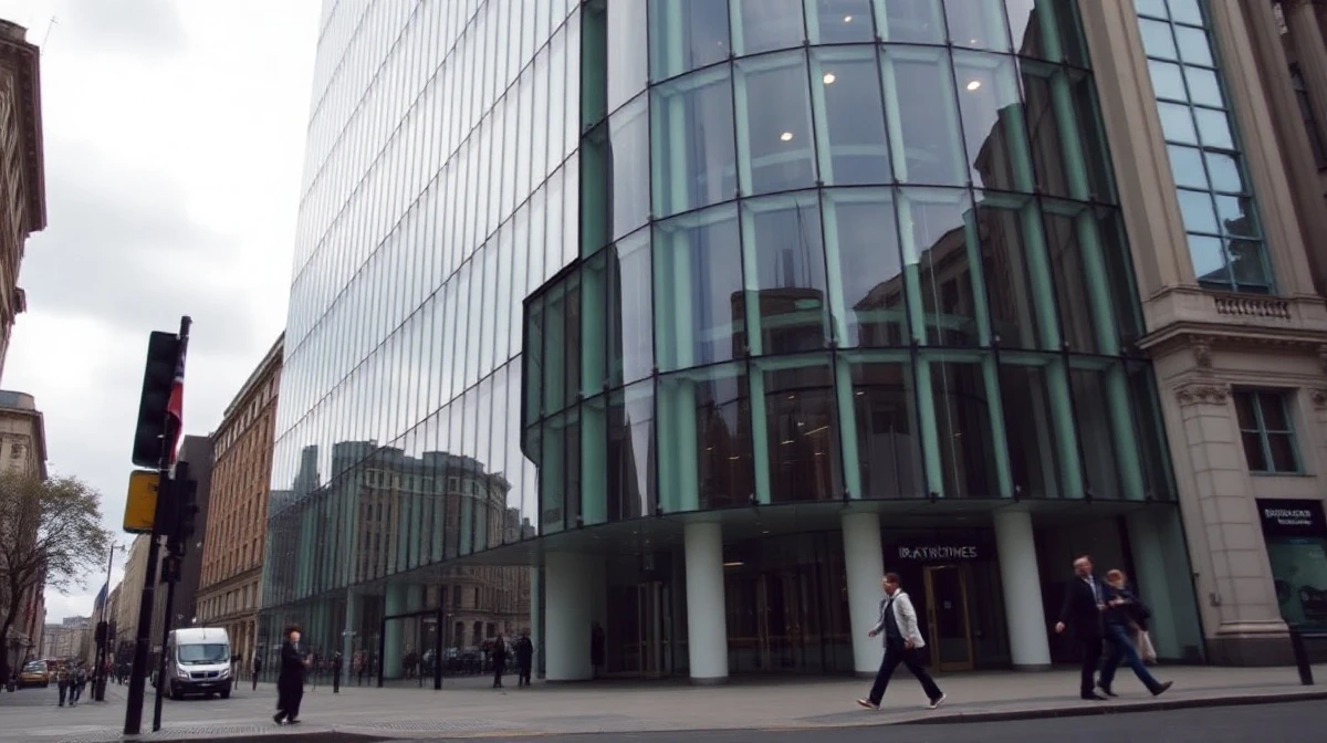 Exterior of Rathbones office building in London's financial district on a cloudy day