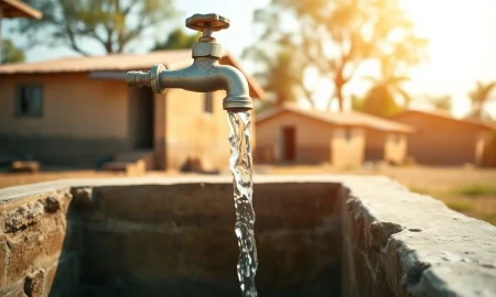 Clean water flowing from a tap in a rural village, representing Ripple's partnership with Water.org