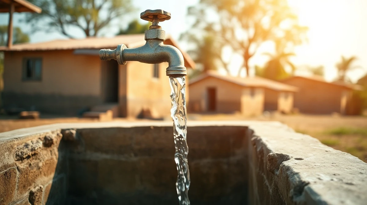Clean water flowing from a tap in a rural village, representing Ripple's partnership with Water.org