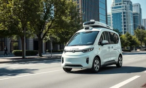 White robotaxi with roof sensors driving on a sunny city street