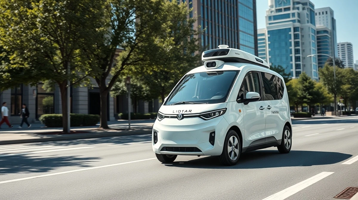 White robotaxi with roof sensors driving on a sunny city street