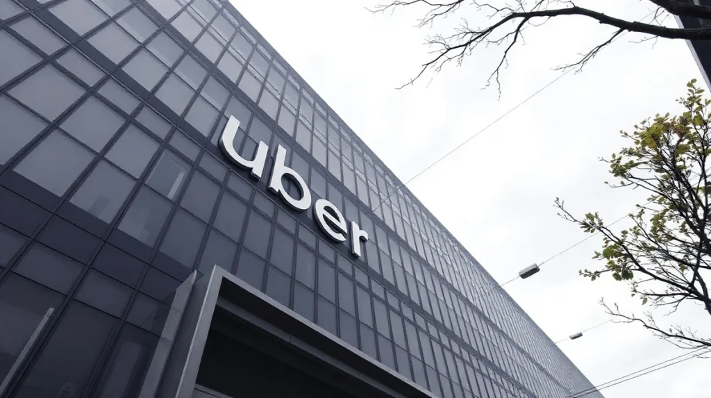 Exterior of Uber headquarters building in San Francisco on a cloudy day