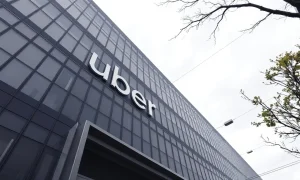 Exterior of Uber headquarters building in San Francisco on a cloudy day
