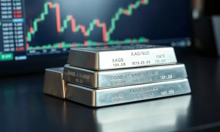 Silver bullion bars on a reflective surface with a financial chart in the background.