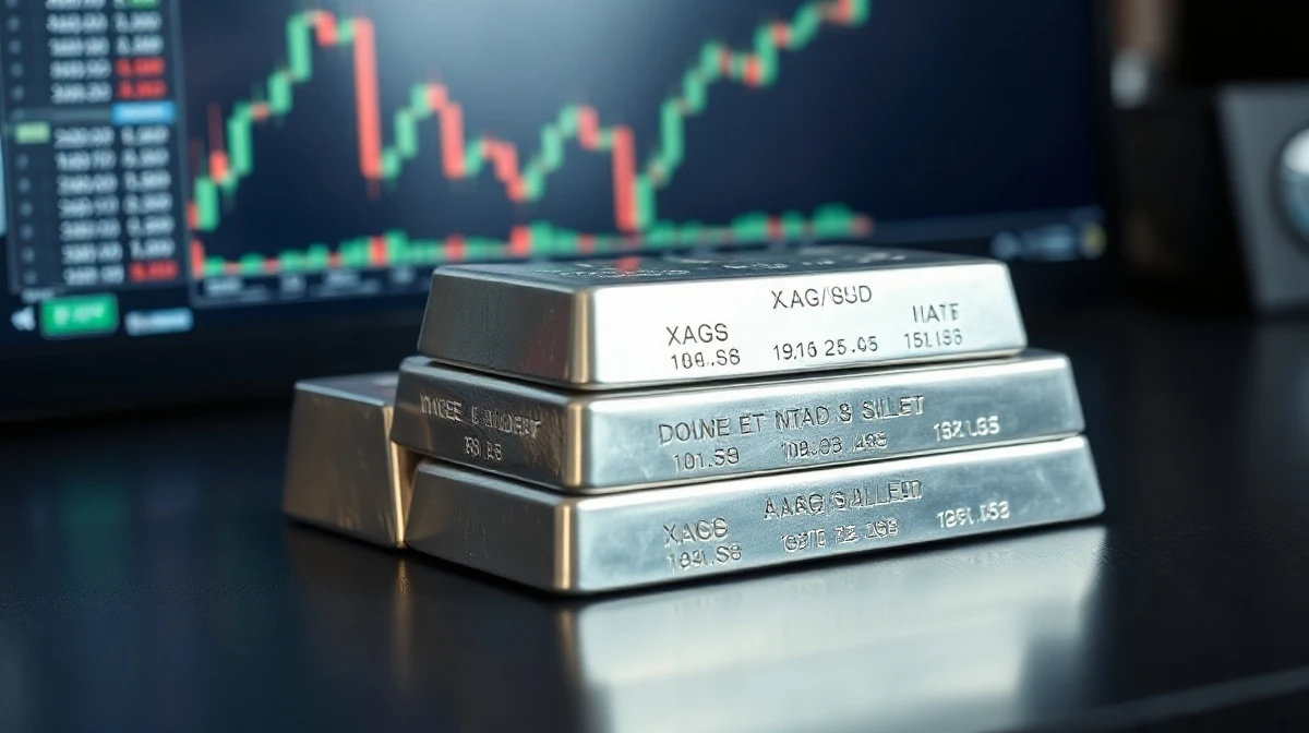 Silver bullion bars on a reflective surface with a financial chart in the background.