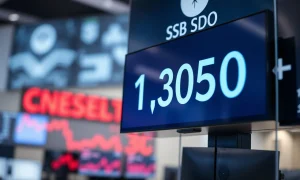 USD/SGD exchange rate displayed on a trading screen with a downward trend indicator.