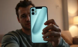 Person holding iPhone with AI assistant interface glowing on screen, thoughtful expression.