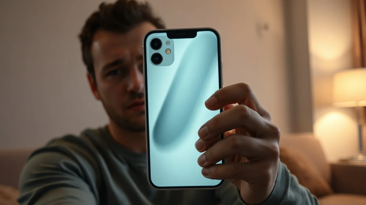 Person holding iPhone with AI assistant interface glowing on screen, thoughtful expression.
