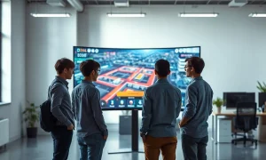 A team of tech professionals working on an AI-generated gaming environment at a monitor in a modern office.
