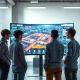 A team of tech professionals working on an AI-generated gaming environment at a monitor in a modern office.
