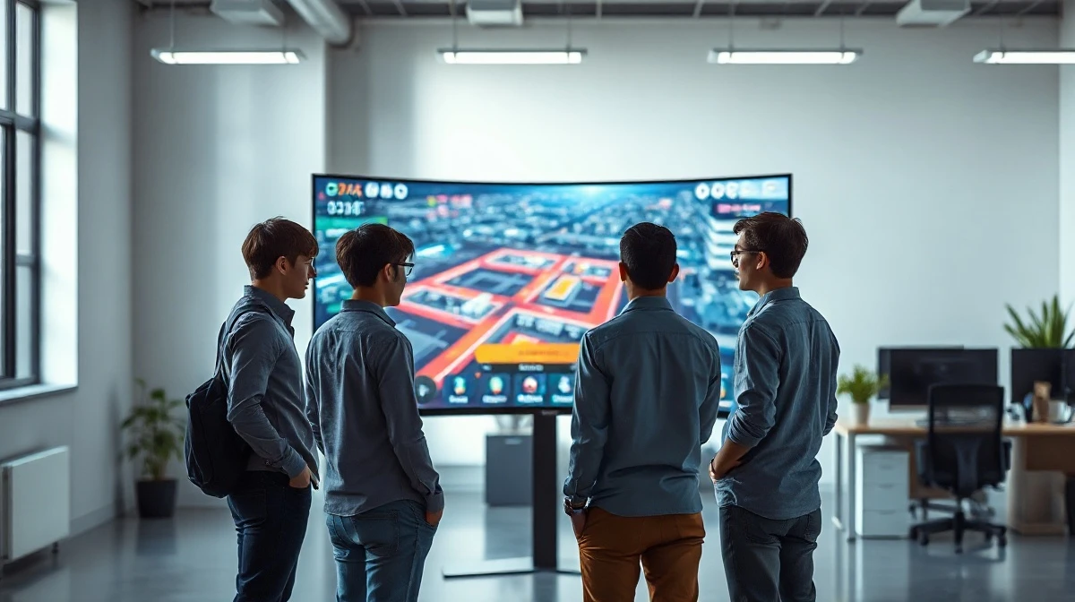 A team of tech professionals working on an AI-generated gaming environment at a monitor in a modern office.