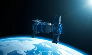 Satellite-like orbital data center module in space with Earth in background
