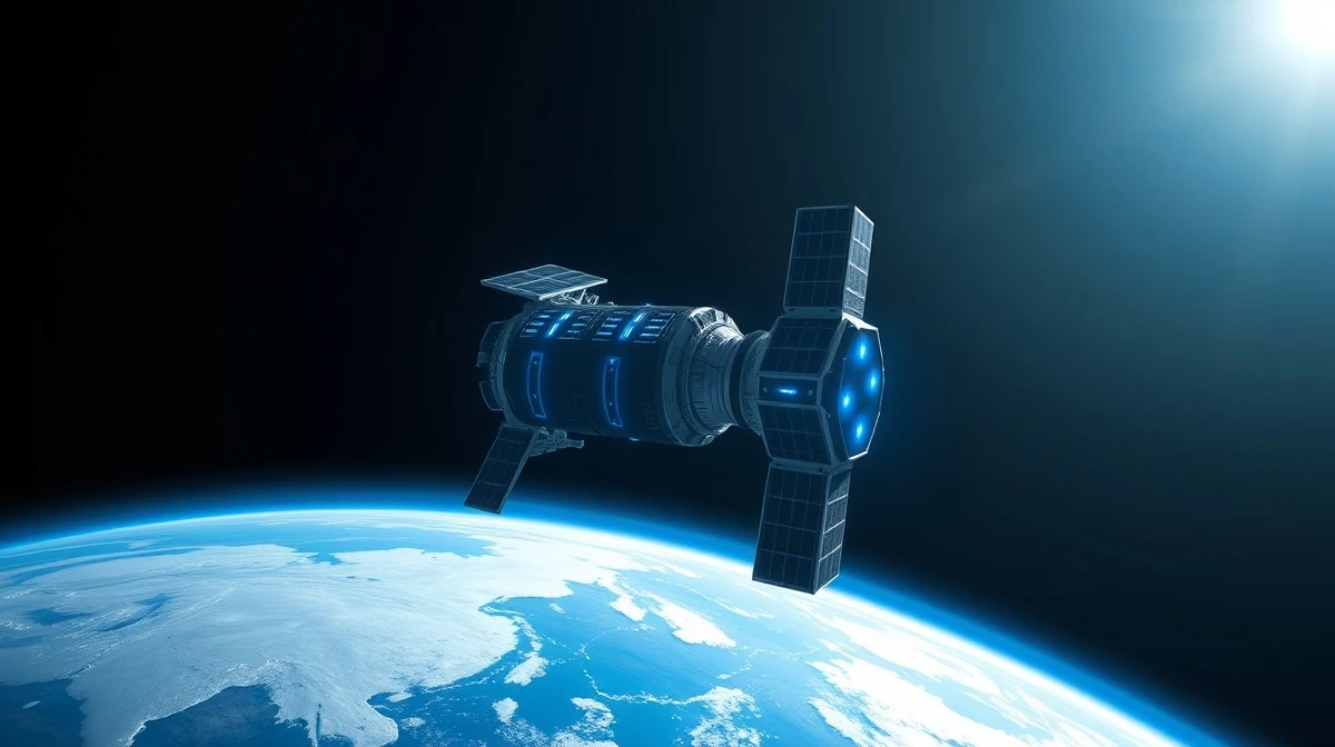 Satellite-like orbital data center module in space with Earth in background