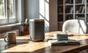 Sonos Play speaker on a wooden desk in a home office with natural lighting