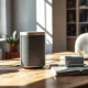 Sonos Play speaker on a wooden desk in a home office with natural lighting