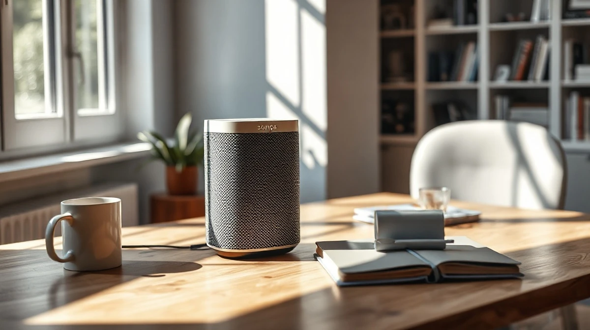 Sonos Play speaker on a wooden desk in a home office with natural lighting