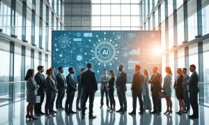 Financial professionals reviewing AI investment data on a digital screen in a modern office
