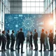 Financial professionals reviewing AI investment data on a digital screen in a modern office