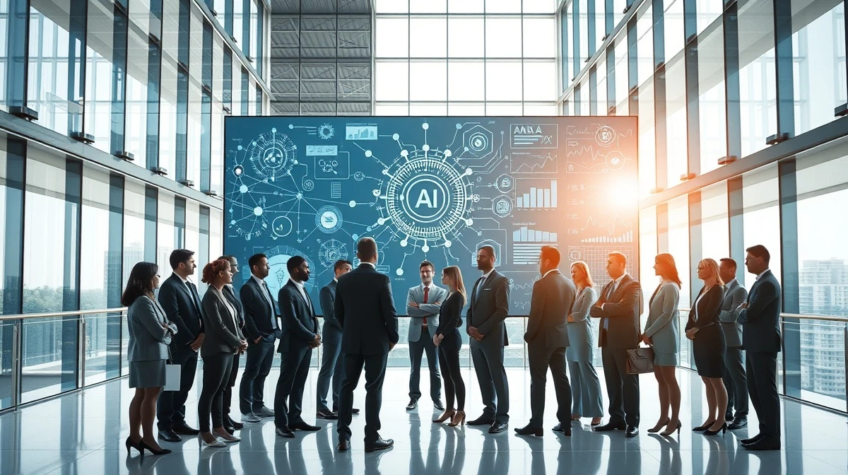 Financial professionals reviewing AI investment data on a digital screen in a modern office