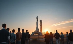 SpaceX rocket on launch pad at sunrise with retail investors watching from behind a fence