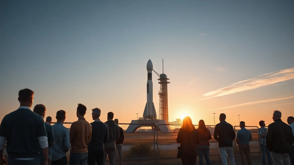 SpaceX rocket on launch pad at sunrise with retail investors watching from behind a fence