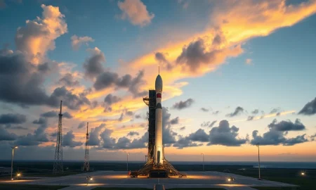 SpaceX Falcon 9 rocket on launch pad at Cape Canaveral at dusk
