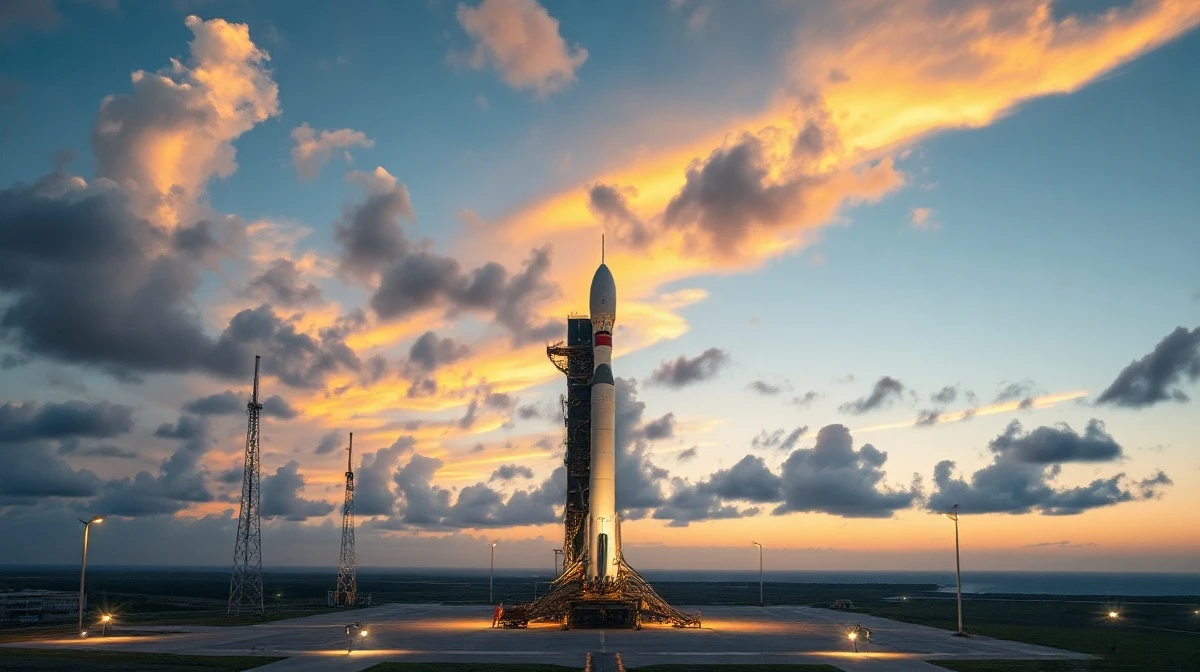SpaceX Falcon 9 rocket on launch pad at Cape Canaveral at dusk