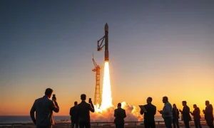SpaceX rocket launching at dawn with reporters and analysts in foreground.