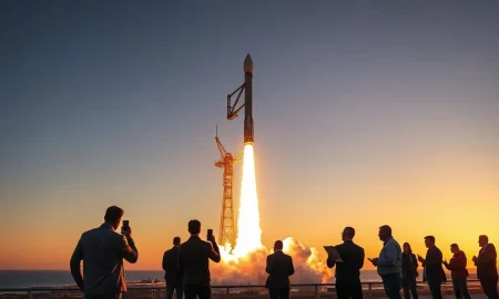 SpaceX rocket launching at dawn with reporters and analysts in foreground.