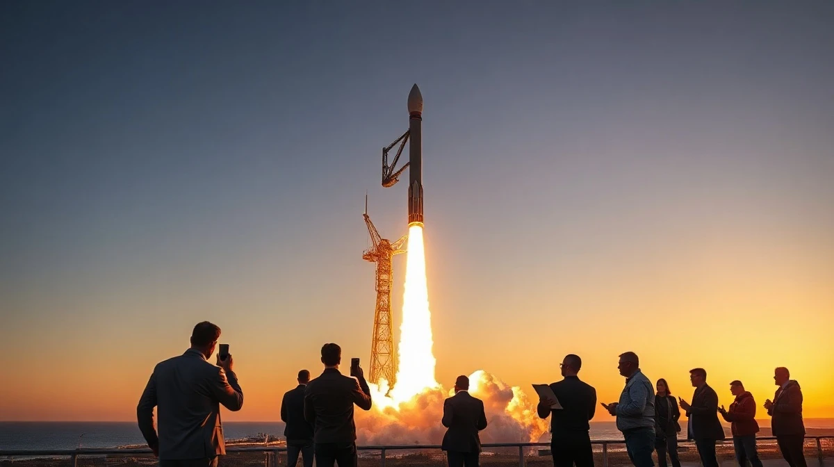 SpaceX rocket launching at dawn with reporters and analysts in foreground.