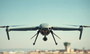 A military-grade drone in flight during a test, representing Stark's defense technology.