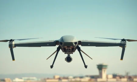 A military-grade drone in flight during a test, representing Stark's defense technology.