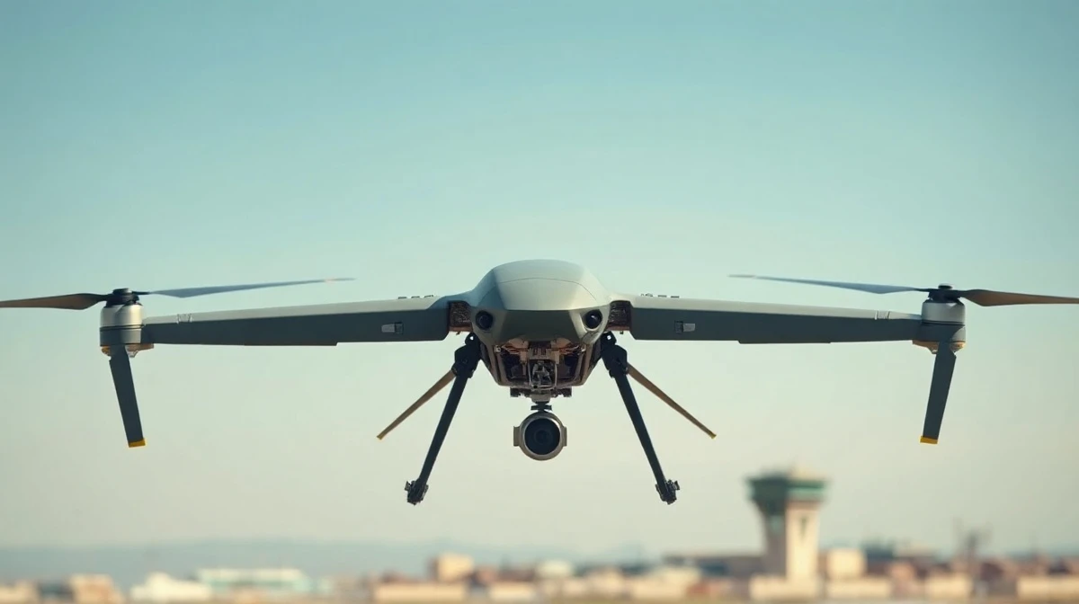 A military-grade drone in flight during a test, representing Stark's defense technology.