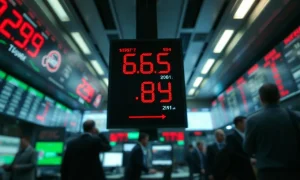 Stock market ticker board showing red and green numbers during volatile trading