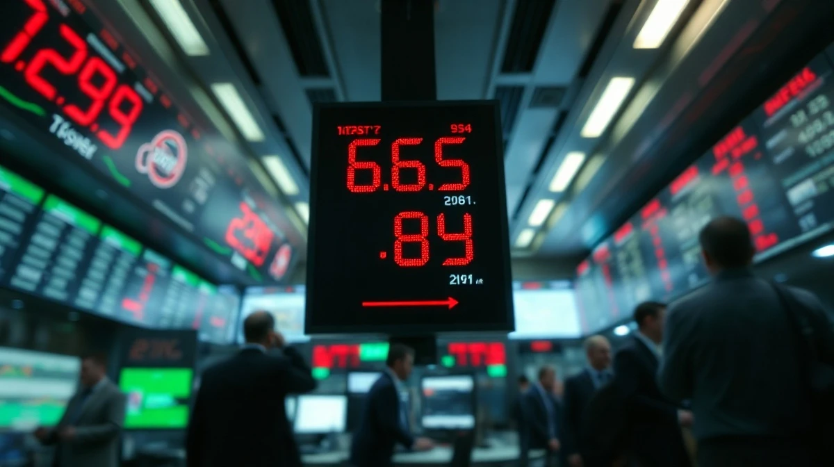 Stock market ticker board showing red and green numbers during volatile trading