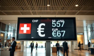 Currency exchange board showing Swiss franc, US dollar, and euro rates in a Zurich bank.