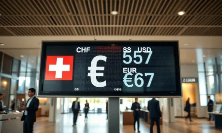 Currency exchange board showing Swiss franc, US dollar, and euro rates in a Zurich bank.
