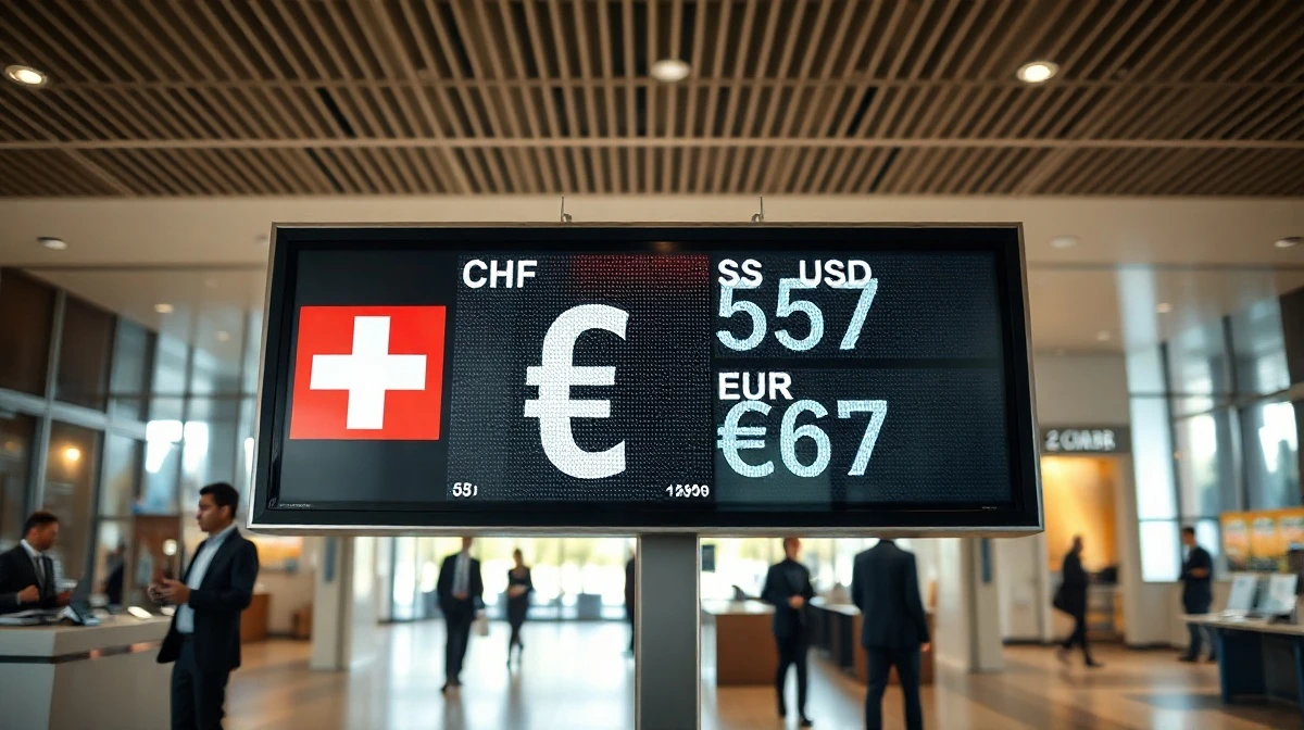Currency exchange board showing Swiss franc, US dollar, and euro rates in a Zurich bank.
