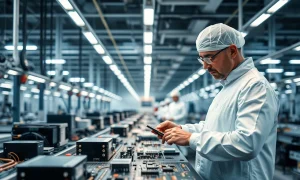 Inside a Tata Electronics semiconductor manufacturing facility in India with workers in cleanroom suits
