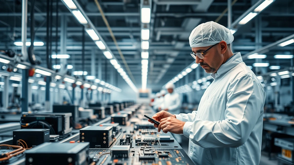 Inside a Tata Electronics semiconductor manufacturing facility in India with workers in cleanroom suits
