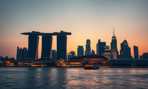 Singapore skyline at dusk with Marina Bay Sands and financial district