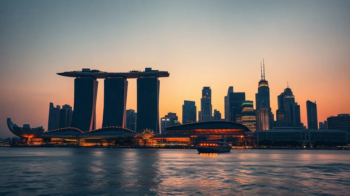 Singapore skyline at dusk with Marina Bay Sands and financial district