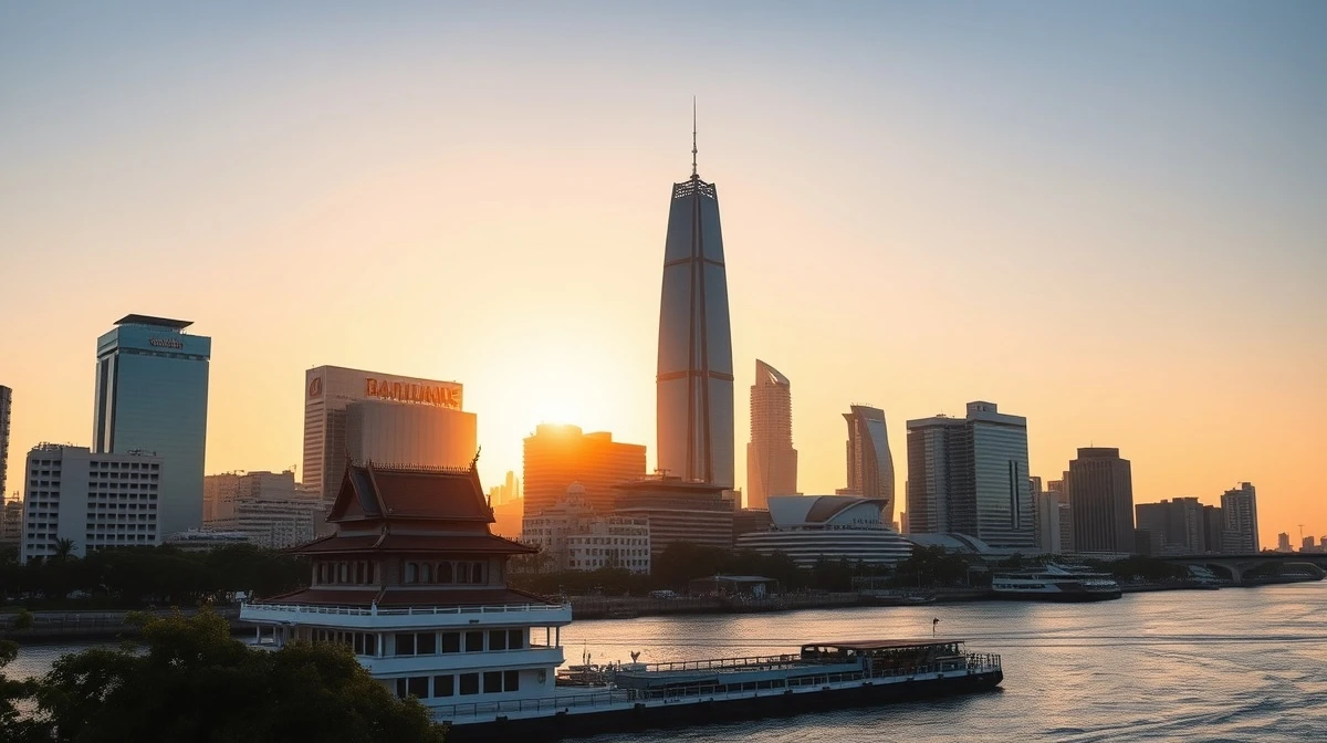 Bangkok skyline at sunset with modern skyscrapers and a temple along the Chao Phraya River.