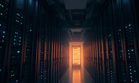 A glowing server rack in a dim data center, symbolizing rising AI infrastructure costs.